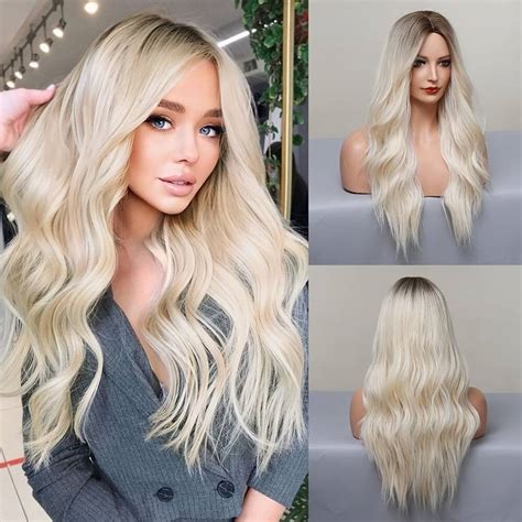 Ombre White Blonde Wig Synthetic Middle Part Heat Resistant Long Curly