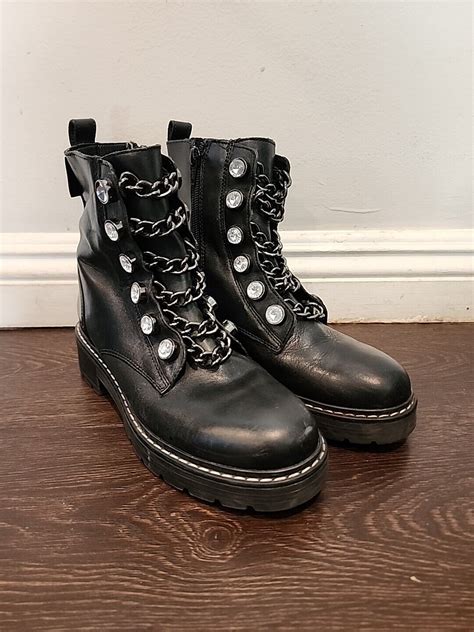 Kurt Geiger Black Combat Boots With Chains And Crysta Gem