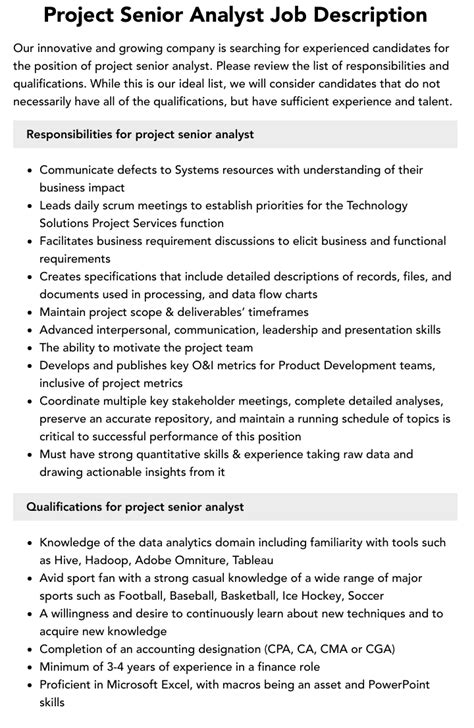 Project Senior Analyst Job Description Velvet Jobs