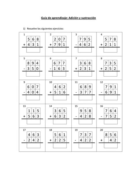 Guía de Aprendizaje Adición y Sustracción de 3 dígitos profe social