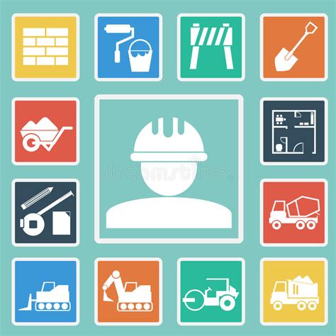 Building Construction And Tools Icons Set In Flat Style With Lo Stock