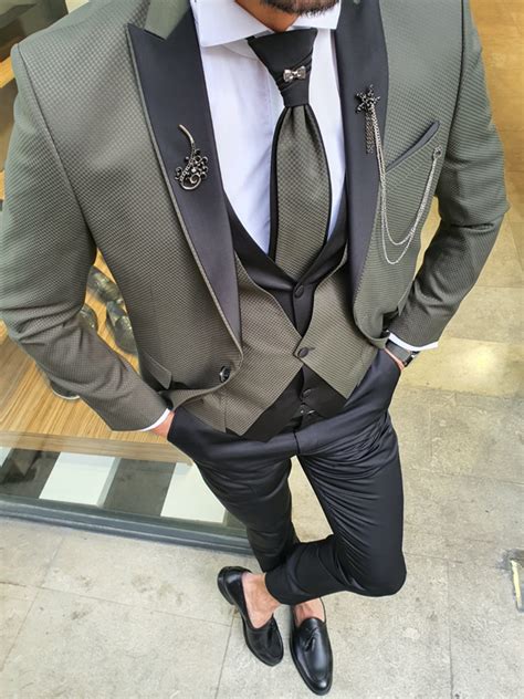 Buy Khaki Slim Fit Peak Lapel Groom Suit By Gentwith With Free Shipping