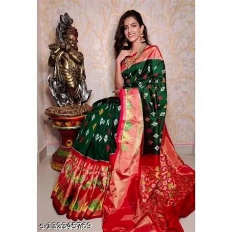 Party Wear Green Ladies Digital Printed Cotton Silk Saree 6 M With