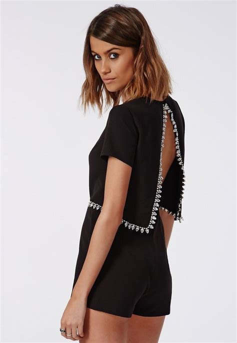 Embellished Trim Open Back Romper Black Black Playsuit Playsuit Romper