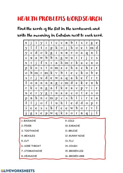 95857 Health Problems Wordsearch Teachereulalia