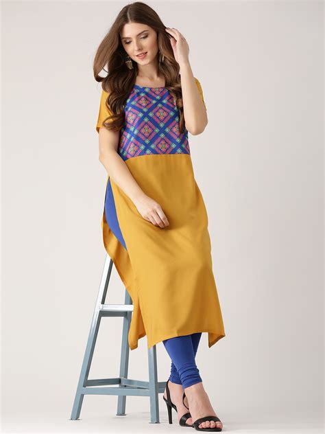 Buy Libas Women Mustard Yellow Printed Straight Kurta Kurtas For Women 2082315 Myntra