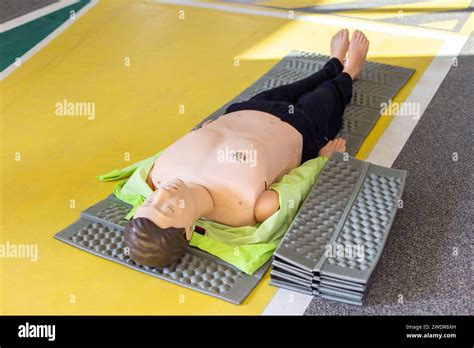 Full Body CPR Training Mannequin Laid Out On A Mat For A First Aid And