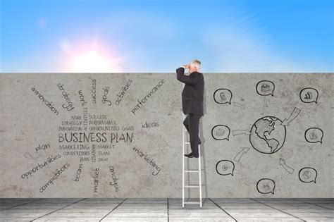 Premium Photo Composite Image Of Mature Businessman Standing On Ladder