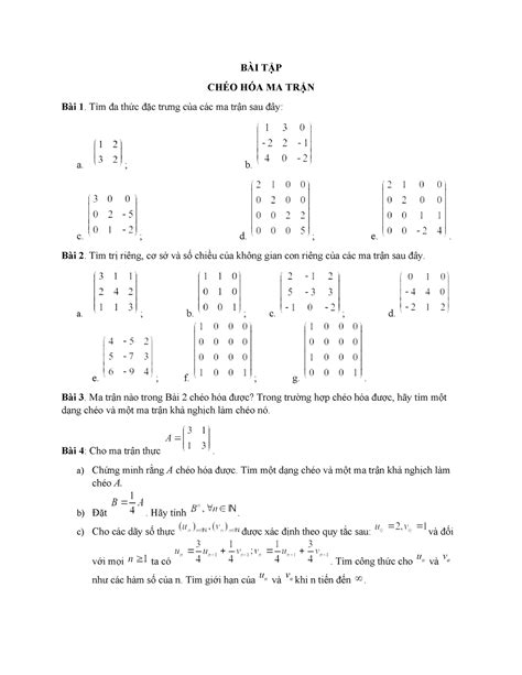 BÀi TẬp ChÉo HÓa Ma TrẬn Mathhhhh BÀi TẬp ChÉo HÓa Ma TrẬn Bài 1 Tìm đa Thức đặc Trưng Của