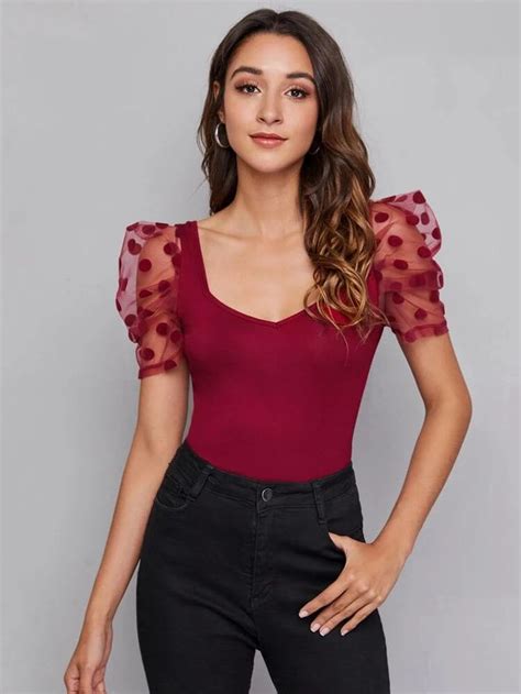 SHEIN Privé Sweetheart Neck Dobby Mesh Sleeve Top Fashion trend