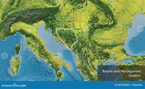 Shape Of Bosnia And Herzegovina Glowed Topographic Labels Stock