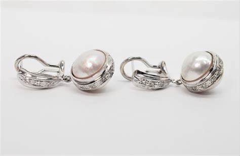 White Gold Mobe Pearl Drop Earrings With Diamond Accents At 1stdibs