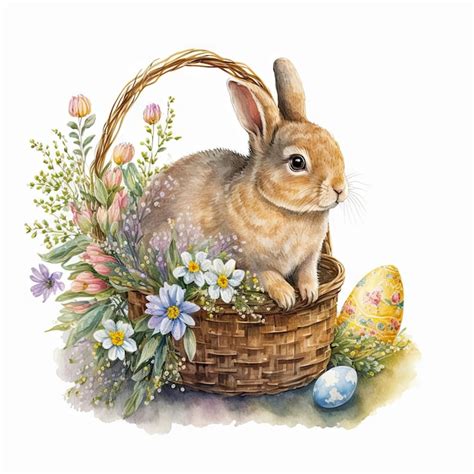 Premium Photo Watercolor Easter Bunny In Basket With Spring Flowers