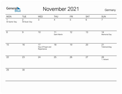 Printable November 2021 Monthly Calendar With Holidays For Germany