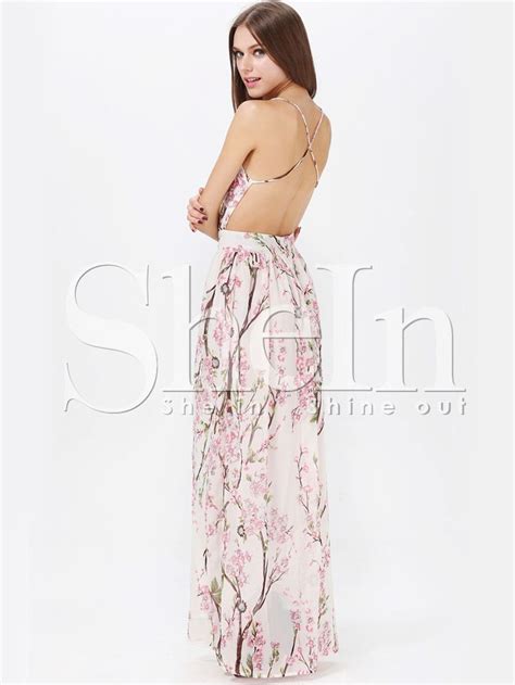 Shein Hibiscus Florals V Neck Spaghetti Straps Backless Maxi Dress