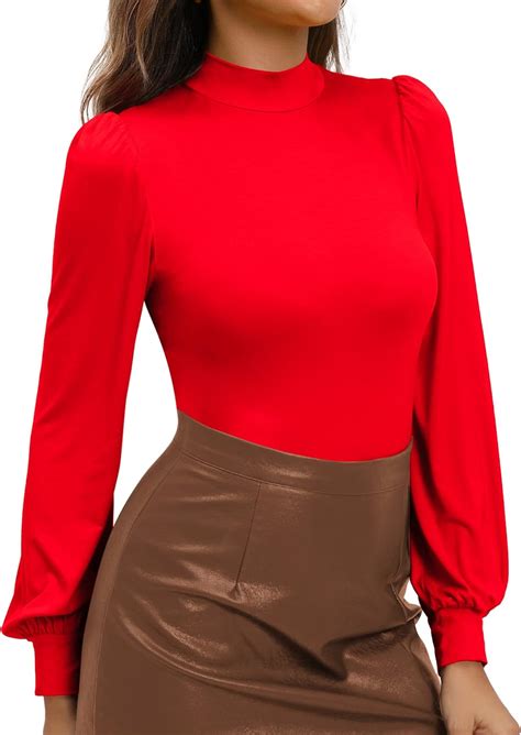 MANGOPOP Mock Neck Puff Sleeve Bodysuit Turtleneck Loose Lantern Long