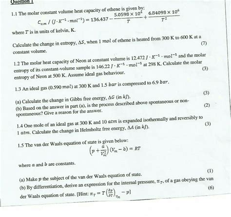 Solved estion I 1.1 The molar constant volume heat capacity | Chegg.com