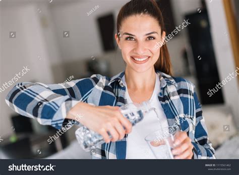 Girl Pouring Waterpretty Girl Smiling Pouring Stock Photo 1115561462