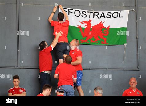 Wales Fans Tie A Welsh Flag In The Stands Before The Uefa Euro 2016