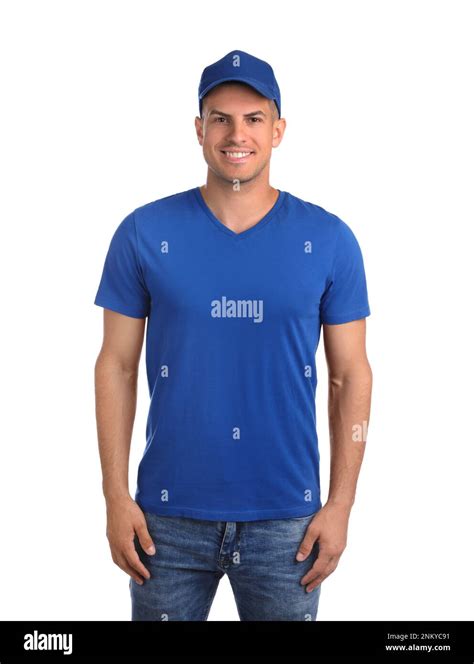 Happy Man In Blue Cap And Tshirt On White Background Mockup For Design