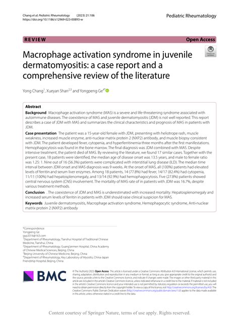 Pdf Macrophage Activation Syndrome In Juvenile Dermatomyositis A