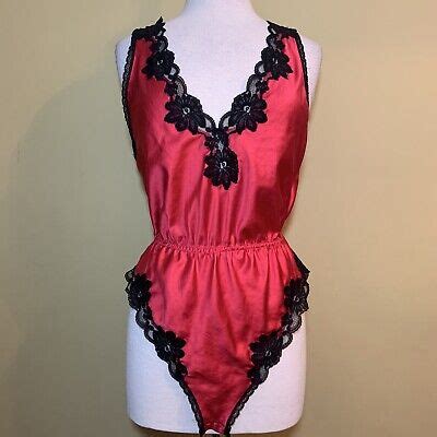 Vtg Miss Elaine Lace Satin One Piece Lingerie Red Romper Negligee Teddy Size M Ebay