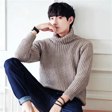 2018 Men Autumn Wool Knitted Turtleneck Sweater Pullover Striped Jersey