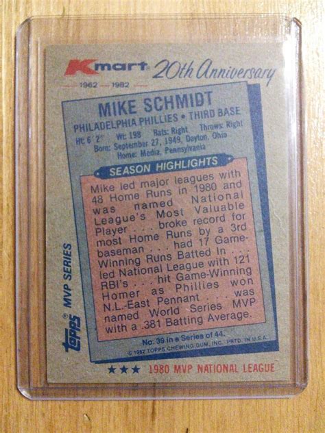 Mike Schmidt 1982 Topps Kmart MVP Series 39 Philadelphia Phillies Card