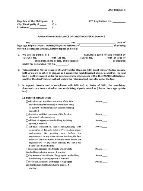 Application For Issuance Of Land Transfer Clearance Pdf Affidavit