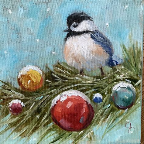 8x8 Christmas Chickadee Oil Painting Square Art Gayle Lambeth