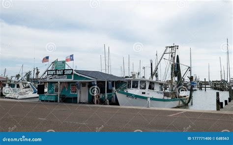 Rockport Tx 3 Feb 2020 White And Green Shrimp Boat Tied By Rope To