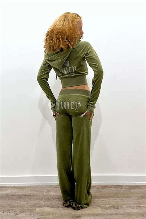 Juicy Couture Uo Exclusive Moss Green Low Rise Velour Flare Track Pants Urban Outfitters Uk