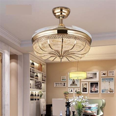 Luxury Gold Finish LED Retractable Ceiling Fans Chandelier - Online ...