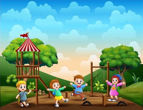 Дети играют на детской площадке | Бесплатно векторы