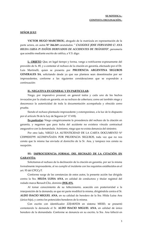 Modelo Contesta Rechazo Citacion En Garantia Se Notifica Contesta