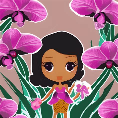 Femme Noire Dans Un Jardin Dorchidées Kawaii Chibi · Creative Fabrica