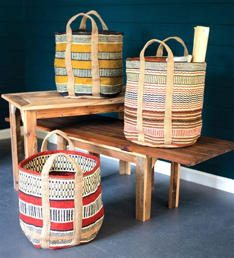 Multicolored Woven Jute Baskets With Handles Set Of 3 Home Accents