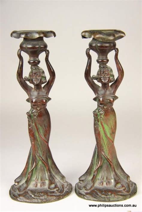 Green Art Nouveau Candlesticks With Woman And Lotus Urn Candelabra