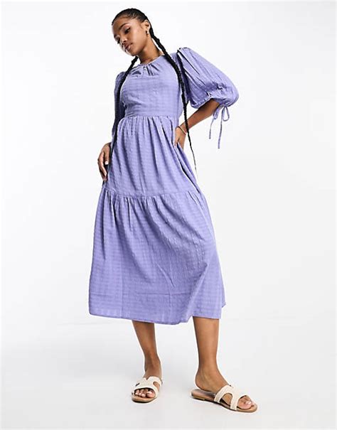 Influence Tie Sleeve Textured Midi Smock Dress In Blue Asos