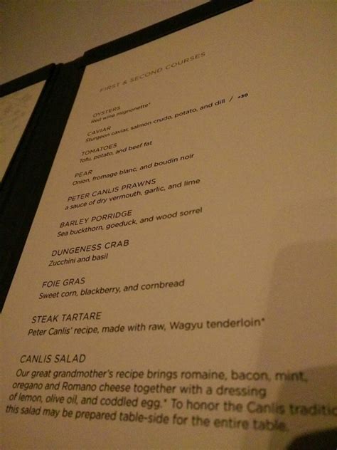 Menu at Canlis restaurant, Seattle