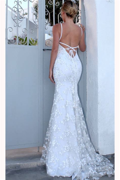 White Spaghetti Strap V Neck Mermaid Prom Dress Sexy Backless Lace