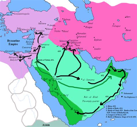 Historical Maps Map Of Muslim Conquests In The Time Of Mohammad