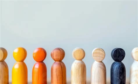 Diverse Shades Row Of Wooden Peg Dolls Various Colors Against Light