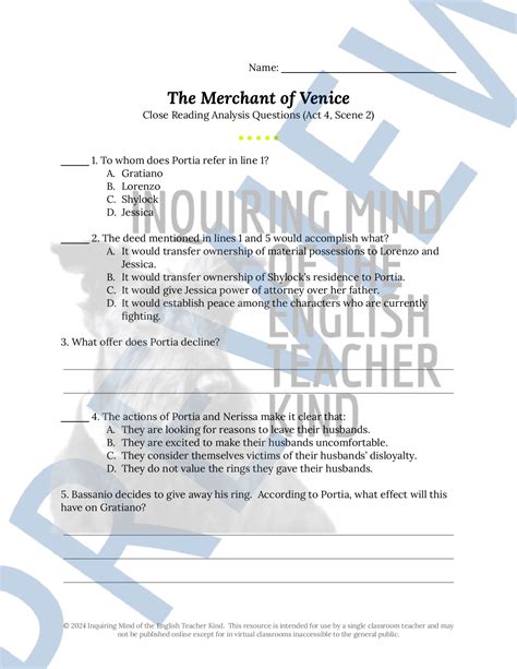 The Merchant Of Venice Act 4 Scene 2 Close Reading Analysis Worksheet