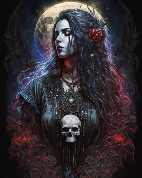 A Woman With Long Hair And A Skull On Her Chest Standing In Front Of A