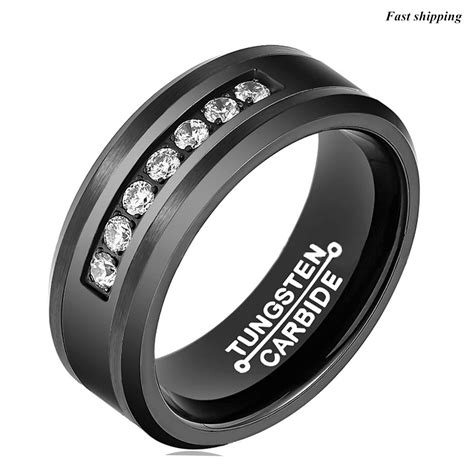 8mm Black Tungsten Carbide Ring Diamonds Inlay Comfort Fit Atop Men Wedding Band Ebay