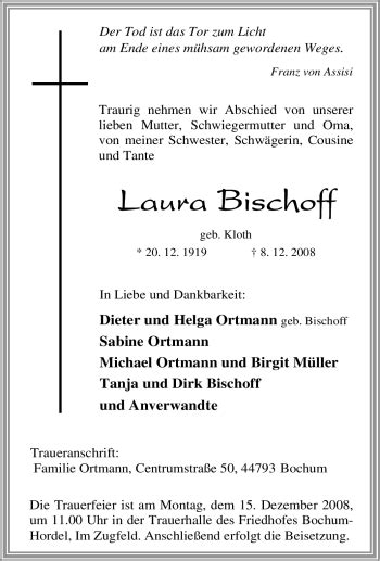 Traueranzeigen Von Laura Bischoff Trauer In Nrw De