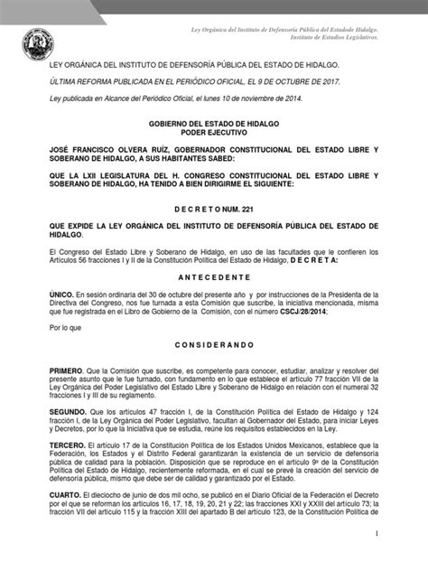 Ley Organica Del Instituto De Defensoria Publica Del Estado De Hidalgo Pdf Derecho Penal