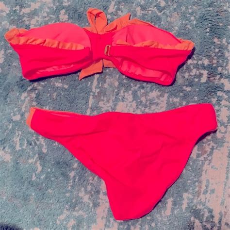 Victoria S Secret Swim Vs Neon Pinkorange Ruffle Bandeau Set Poshmark