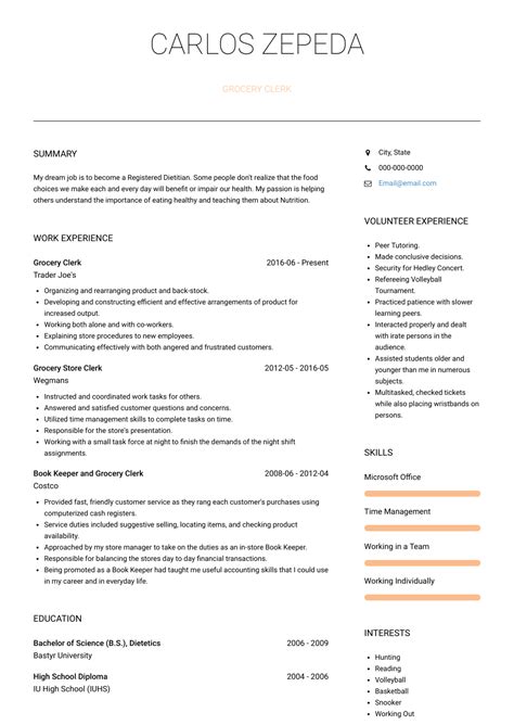 Grocery Clerk - Resume Samples and Templates | VisualCV